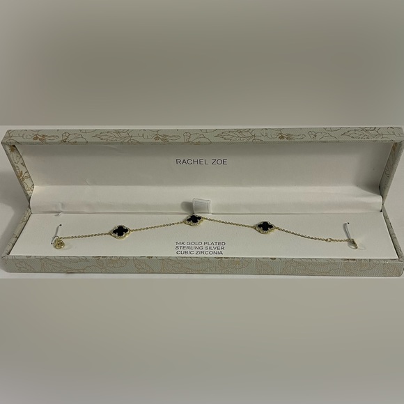 New Rachel Zoe 14K Gold Plated 4 Leaf Cubic Zirconia Black & Gold Bracel… - Picture 3 of 16